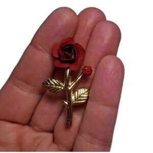 Vintage Matte Red and Gold Tone Rose With Rose Bud Brooch Pin Approx 2 inches